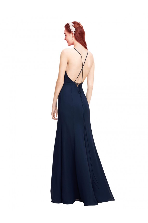 Purchase High Halter Fit and Flare Long Chiffon Prom Dress with Criss Cross Low Back UK