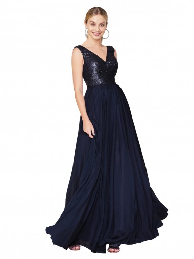 Purchase High Neck V-Neck Long Chiffon Prom Dress with Sequin Top UK