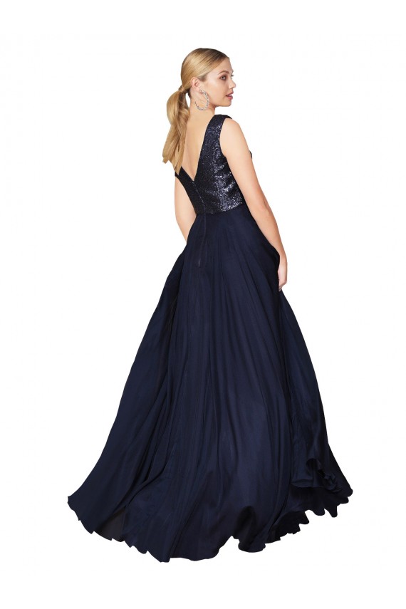 Purchase High Neck V-Neck Long Chiffon Prom Dress with Sequin Top UK