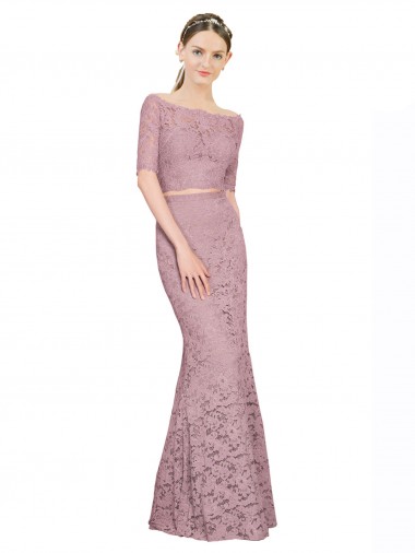 Purchase Short Sleeves Crop Top Mermaid Lace Prom Dress UK
