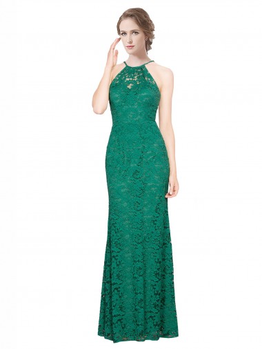 Purchase High Illusion Halter Neck Long Lace Prom Dress UK