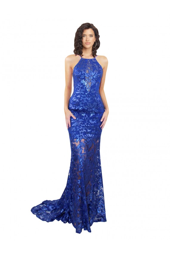 Purchase High Neck Long Open Back Lace Prom Dress with Train UK