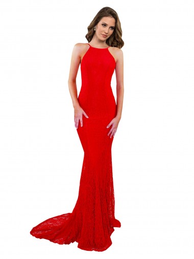 Purchase High Neck Long Lace Prom Dress with Open Back Straps UK