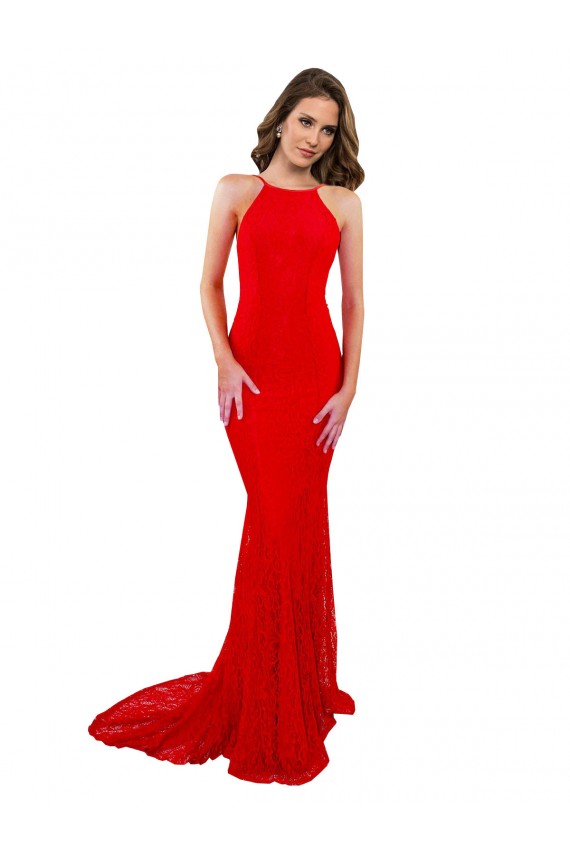 Purchase High Neck Long Lace Prom Dress with Open Back Straps UK