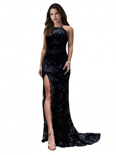 Purchase High Neckline Lace Open Back Prom Dress with High Slit UK
