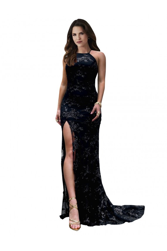 Purchase High Neckline Lace Open Back Prom Dress with High Slit UK
