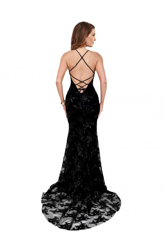 Purchase High Neckline Lace Open Back Prom Dress with High Slit UK