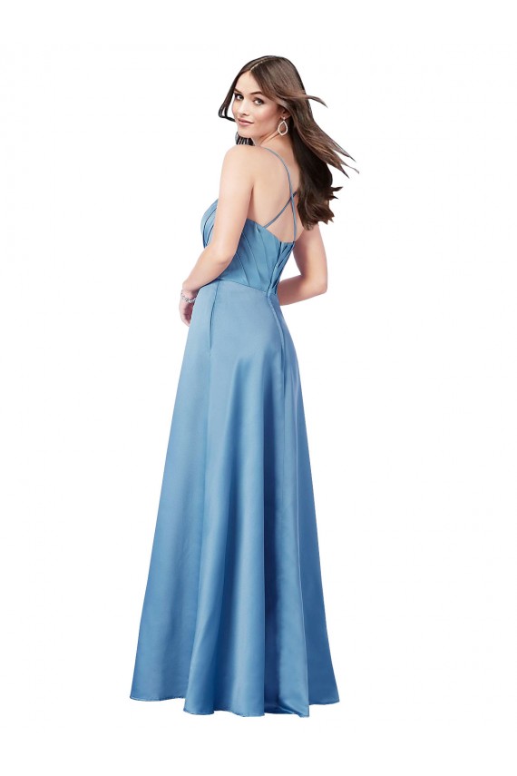Purchase Crossing Strap Back Pleated Bodice Long Satin Prom Dress UK