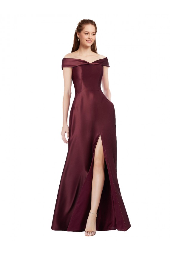 Purchase Long Off the Shoulder Satin Prom Dress with Thigh-high Slit UK