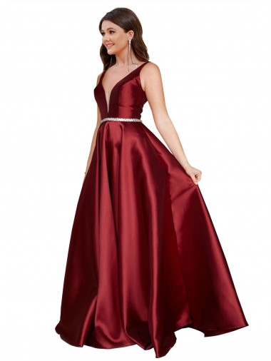 Purchase Sleeveless Deep V-Neck A-Line Satin Prom Dress with Pockets UK