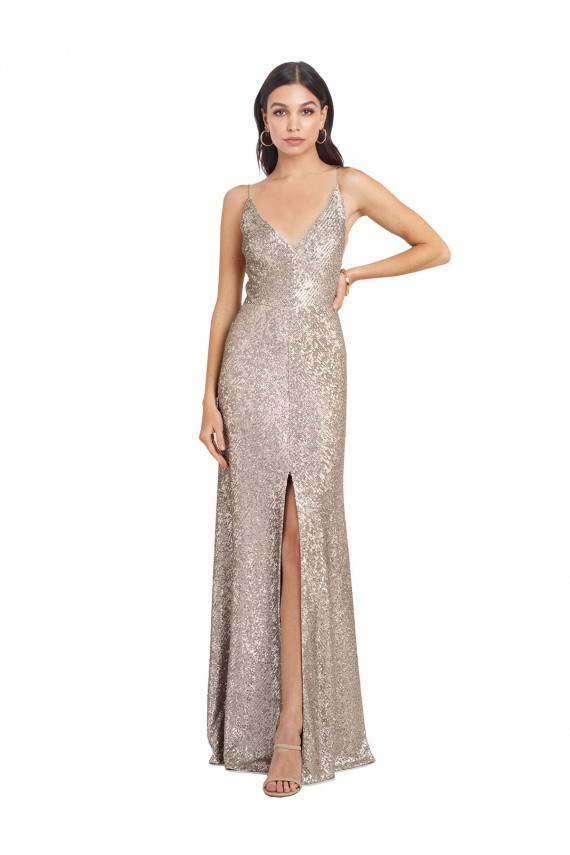 Purchase V-Neck Fully Sequin Prom Dress with V-Back and Front Slit UK
