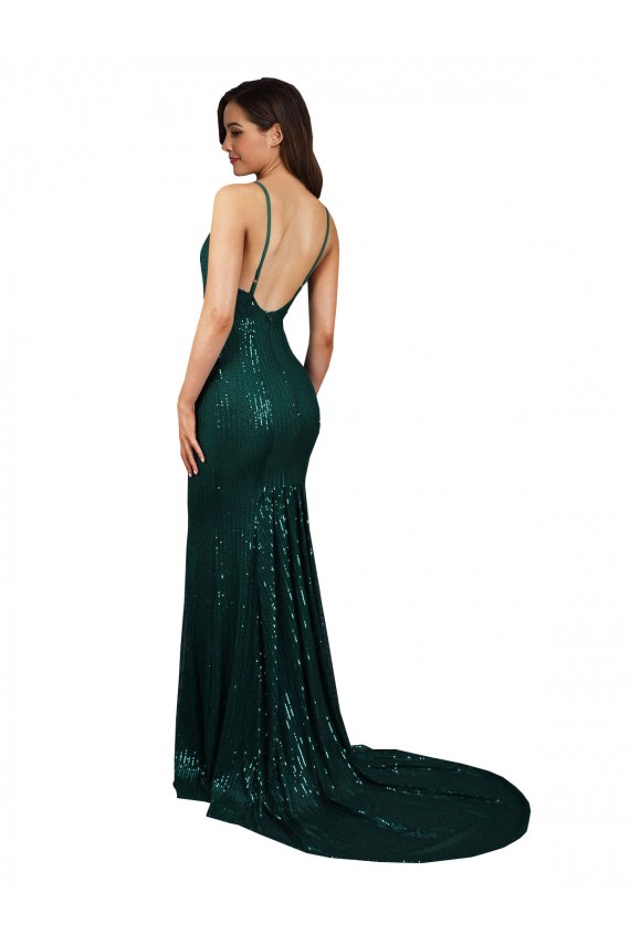 Purchase Fishtail Shaped V-Neck Open Back Long Sequin Prom Dress UK