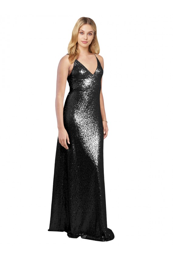 Purchase Full Length A-Line Sequin Prom Dress with Spaghetti Straps V-Neckline UK