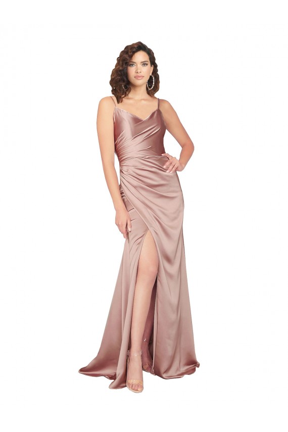 Purchase Floor Length Silky Satin Prom Dress with Front Skirt Slit UK