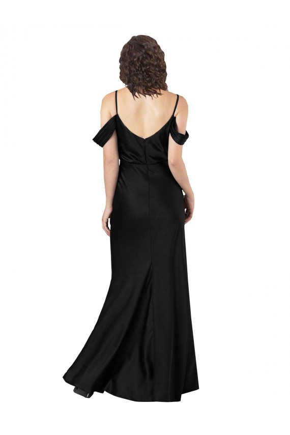 Purchase Off the Shoulder Sleeves Silky Satin Prom Dress with Skirt Slit UK