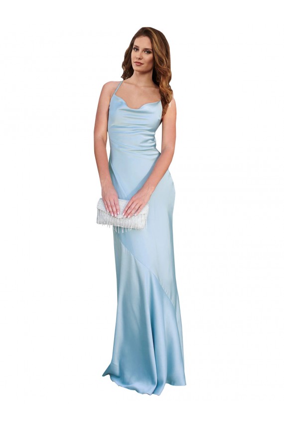 Purchase Open Back with Ties Cowl Neck Sheath Silky Satin Long Bridessmaid Dress UK