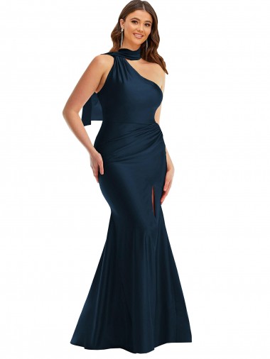 Purchase Scarf Neck One Shoulder Silky Satin Mermaid Prom Dress with Front Slit UK