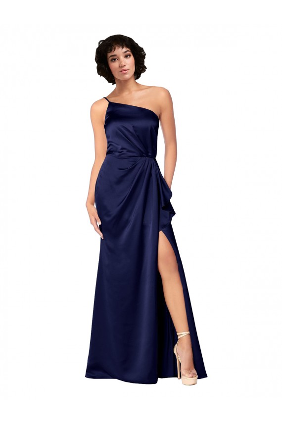 Purchase One Shoulder Silky Satin Prom Dress with Skirt Slit UK