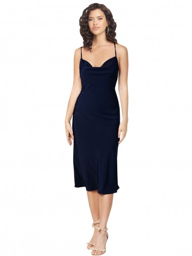 Purchase Short Midi Length Silky Satin Cocktail Prom Dress / Homecoming Dress with Cowl Neck and Cross Back Straps UK