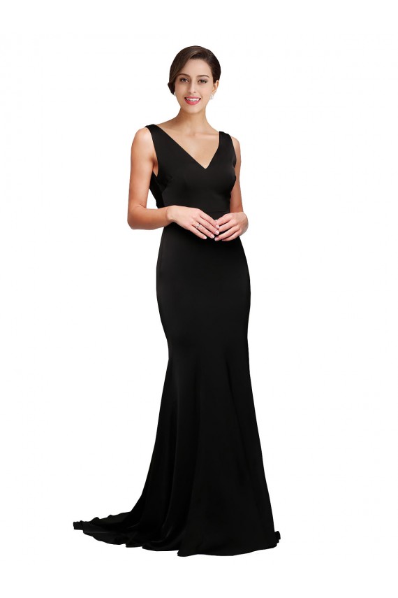 Purchase V-Neck Full Length Silky Satin Prom Dress with Soft Cowl Neck and Sweep Train UK