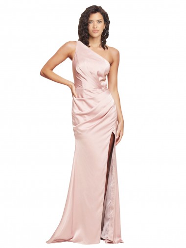 Purchase Full Length Ruched Silky Satin Prom Dress with Low Back and High Split UK