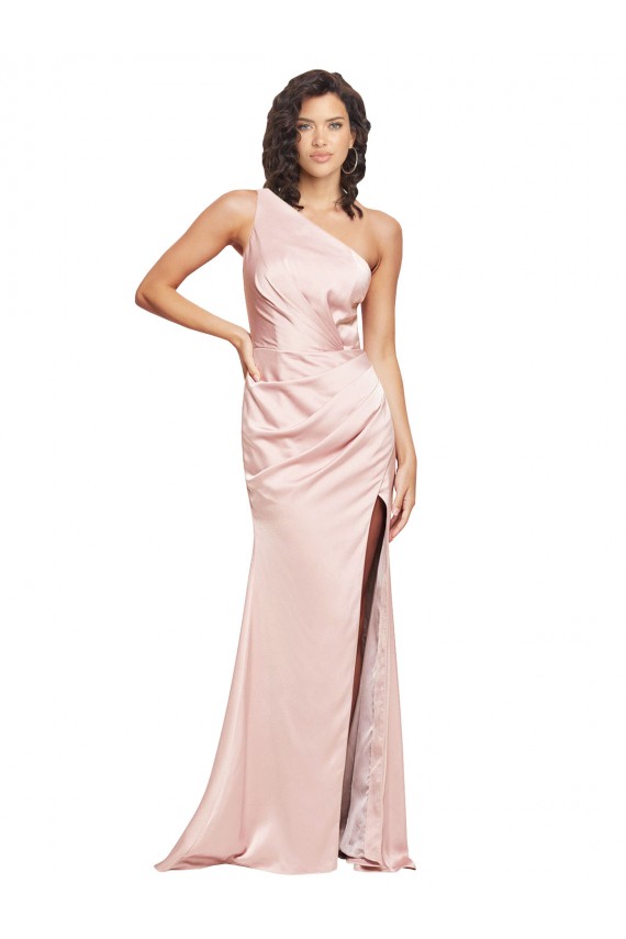 Purchase Full Length Ruched Silky Satin Prom Dress with Low Back and High Split UK