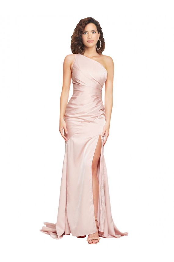 Purchase Full Length One Shoulder Long Silky Satin Prom Dress with High Split UK
