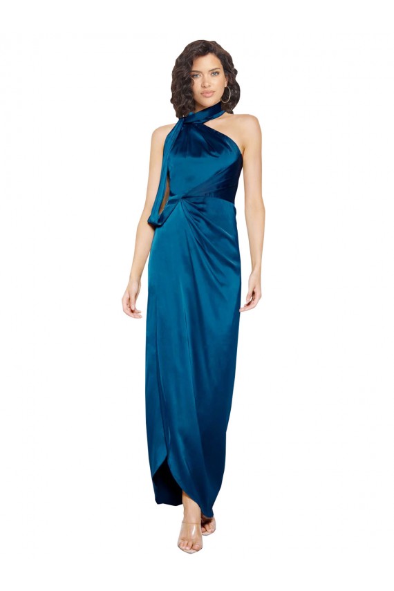 Purchase High Halter Neck Silky Satin Prom Dress with Sash Overlay and Side Split UK