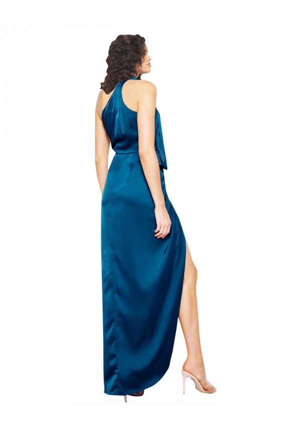 Purchase High Halter Neck Silky Satin Prom Dress with Sash Overlay and Side Split UK
