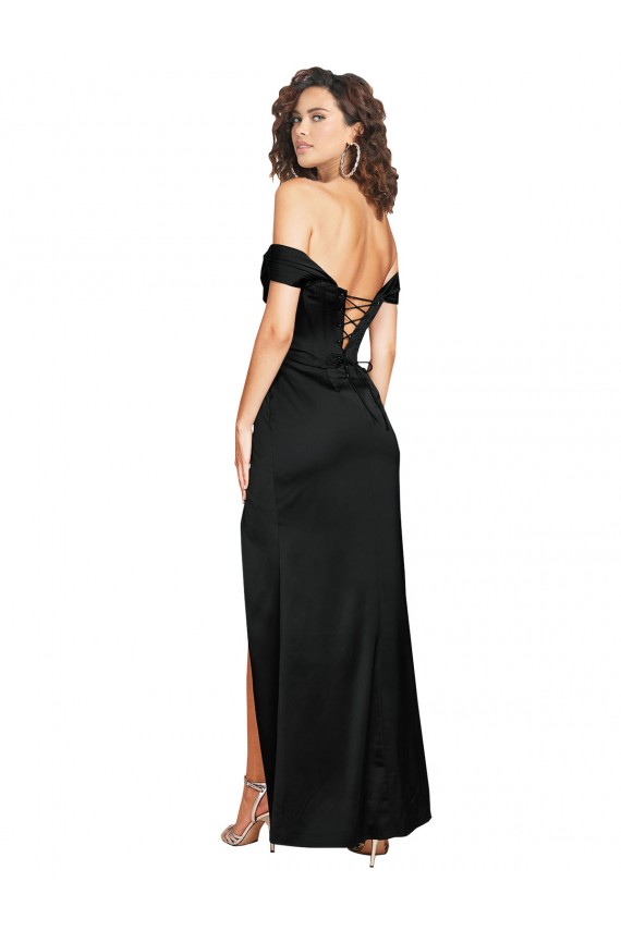 Purchase Fitted Sweetheart Neckline Silky Satin Prom Dress with Off the Shoulder Sleeves and High Slit UK