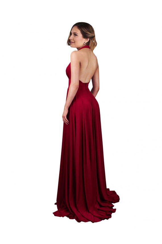 Purchase A-Line Halter Plunge V-Neckline Open Back Spandex Prom Dress with Slit UK