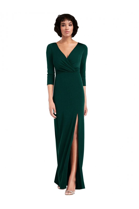 Purchase Floor Length 3/4 Sleeves V-Back Draped Wrap Maxi Spandex Prom Dress UK