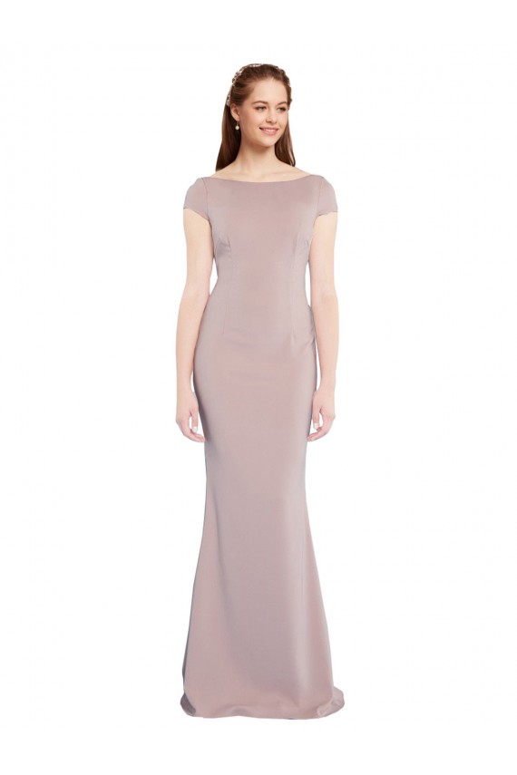 Purchase Boat Neck Cap Sleeve Crepe Prom Dress with Plunging Tie Back UK