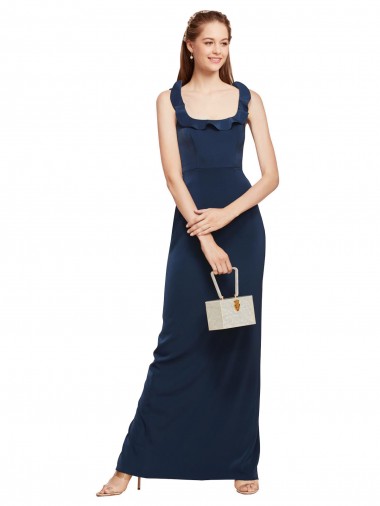 Purchase Scoop Neck with Ruffles Long Crepe Prom Dress with Back Slit UK