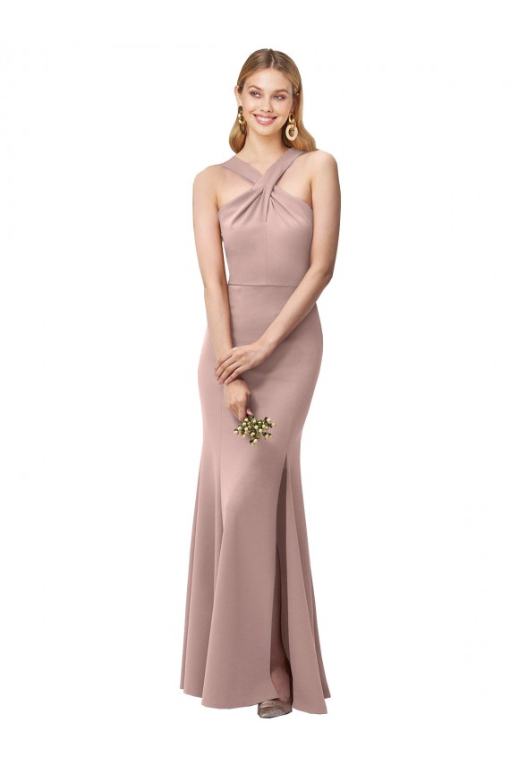 Purchase Long Floor Length High Neck Fit and Flare Stretch Crepe Prom Dress with Side Slit UK