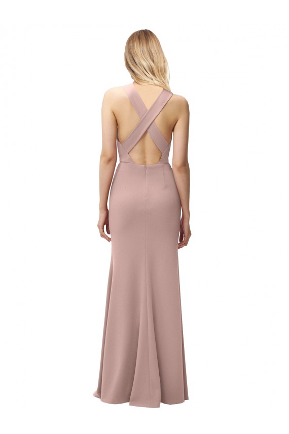 Purchase Long Floor Length High Neck Fit and Flare Stretch Crepe Prom Dress with Side Slit UK