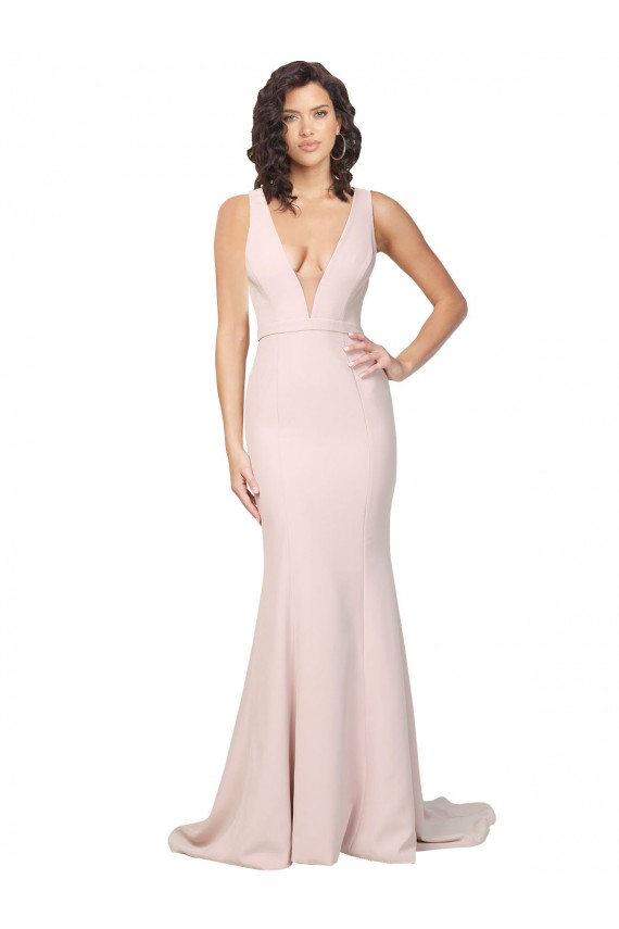 Purchase Deep Plunging V-Neckline Full Length Crepe Prom Dress with Deep V-Backline UK