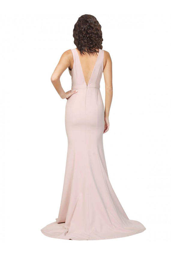 Purchase Deep Plunging V-Neckline Full Length Crepe Prom Dress with Deep V-Backline UK