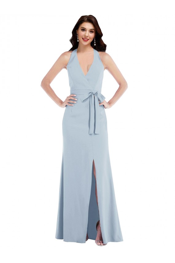 Purchase Open Back Halter Maxi Crepe Prom Dress with Draped Bow UK