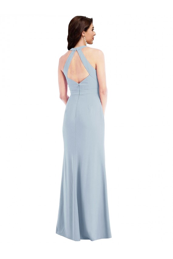 Purchase Open Back Halter Maxi Crepe Prom Dress with Draped Bow UK