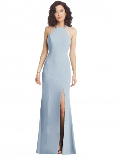 Purchase High Neck Halter Crepe Prom Dress with Twist Criss Cross Back UK