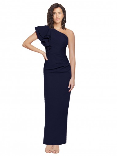 Purchase Ruched Floor Length Long Crepe Prom Dress with Shoulder Ruffles UK