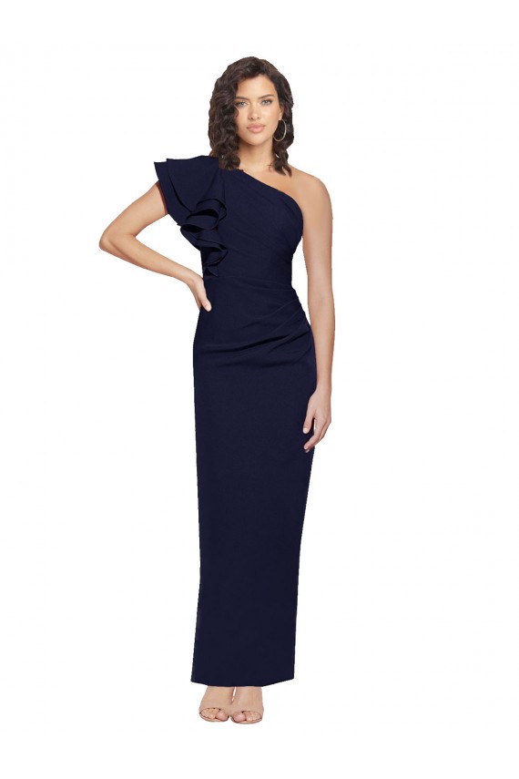 Purchase Ruched Floor Length Long Crepe Prom Dress with Shoulder Ruffles UK