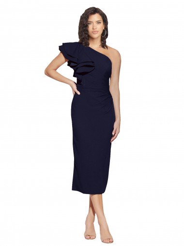 Purchase Ruched Midi Length Short Crepe Cocktail Prom Dress / Homecoming Dress with Shoulder Ruffles UK