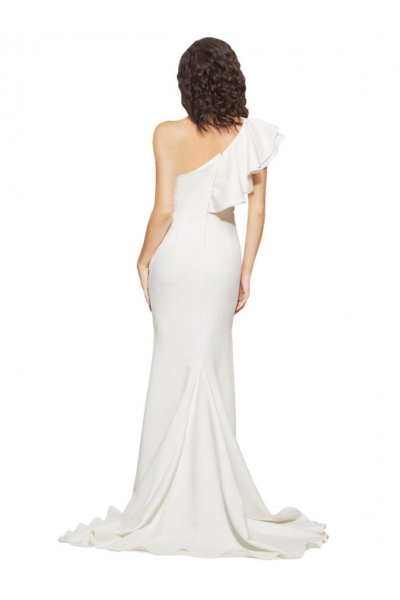 Purchase Ruched Long Sweep Train Crepe Prom Dress with Shoulder Ruffles UK