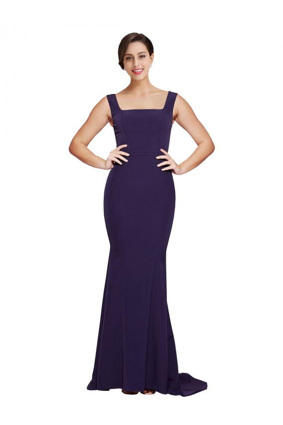 Purchase Square Neck Long Sweep Train Crepe Prom Dress with Thick Straps UK
