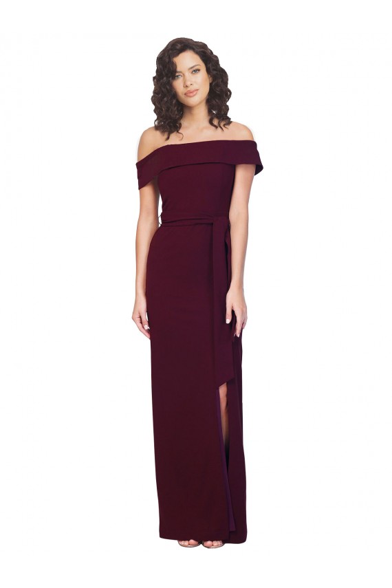 Purchase Fitted Full Length Off the Shoulder Crepe Prom Dress with Side Split and Waist Tie UK