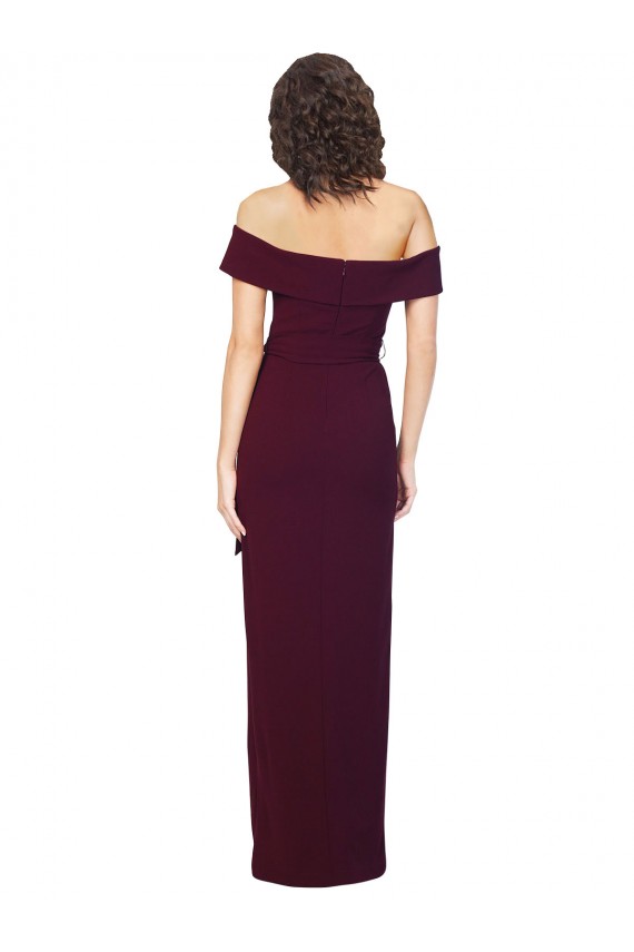 Purchase Fitted Full Length Off the Shoulder Crepe Prom Dress with Side Split and Waist Tie UK