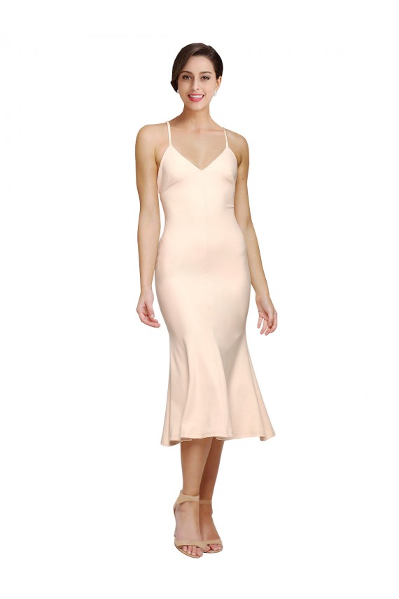 Purchase Midi Length V-Neckline Crepe Cocktail Prom Dress / Homecoming Dress with Thin Straps and Fulted Skirt UK