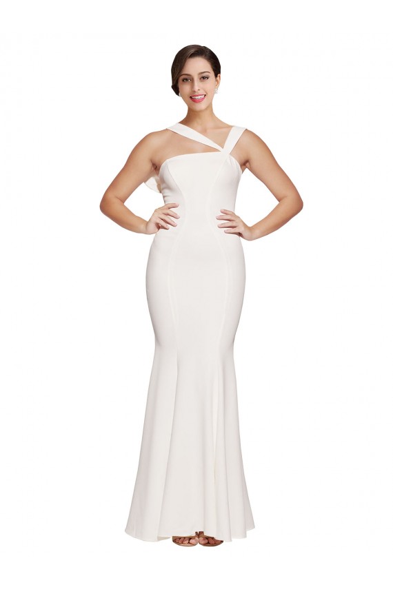 Purchase Full Length Square Neck Crepe Prom Dress with Asymmetrical Straps and Bow Back UK